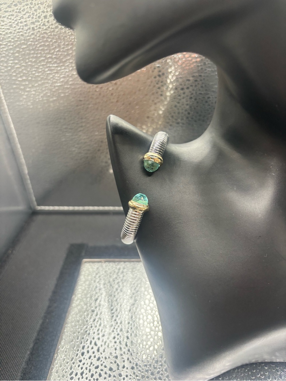 Green Gemstone Silver-Tone Open Cuff Bracelet